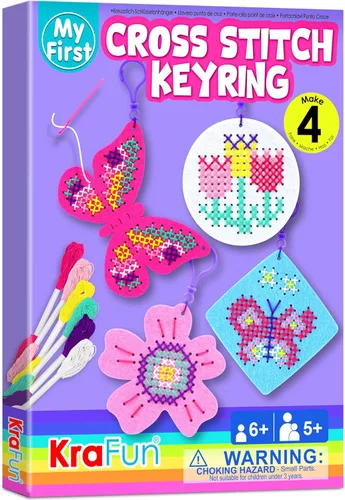 Miniatura 7 de KRAFUN Kits de Punto de Cruz para Niños Principiantes, 4 Llaveros de Punto de Cruz Artes y Manualidades con Animales, Unicornio, Kit de Bordado