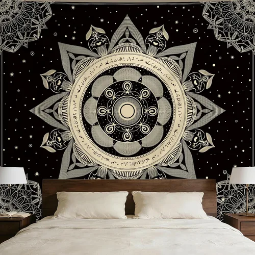 Miniatura 15 de Apdidl Tapiz bohemio de mandala negro para estética de dormitorio, decoración hippie, astrología espacial, arte de pared, tapices de techo, manta