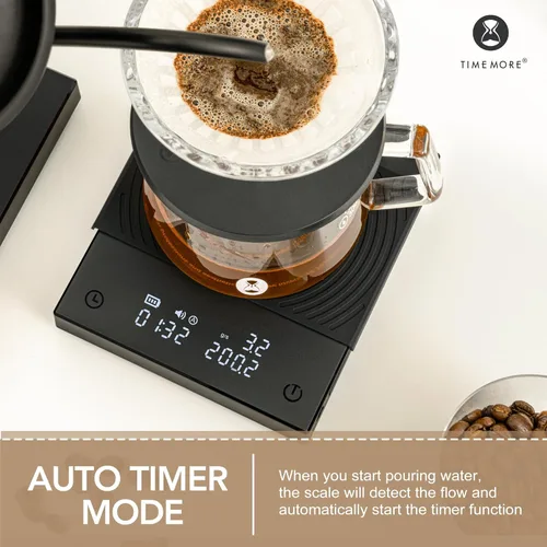 Miniatura 6 de Báscula de café TIMEMORE Basic 2.0 con temporizador, báscula de espresso de espejo negro con función de tasa de flujo, 2000g/0.1g de alta precisión