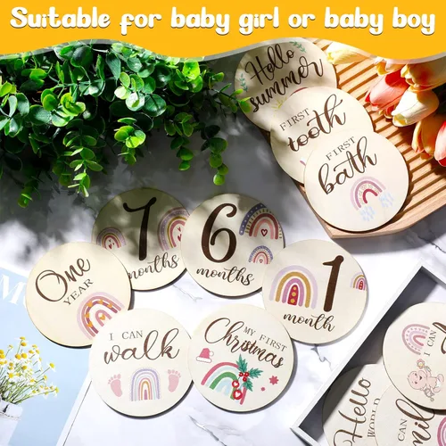 Miniatura 4 de Tiamon 16 tarjetas mensuales de madera para bebé, discos de marcador de hitos mensuales, círculos de madera de doble cara, letreros de meses