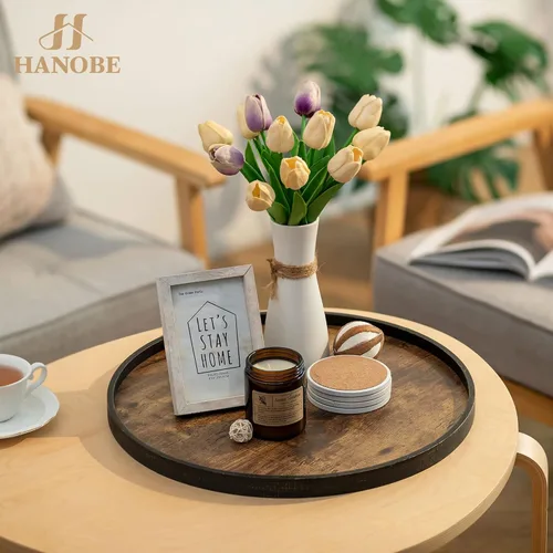 Miniatura 3 de Hanobe Bandeja Decorativa para Mesa de Café: Bandeja de Madera Marrón Redonda, Bandejas de Madera Rústicas Circulares, Centro de Mesa de Granja
