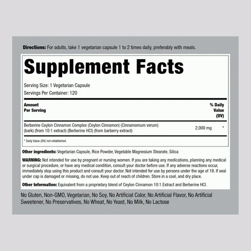 Miniatura 2 de Piping Rock Berberine HCI Ceylon Cinnamon Complex 120 cápsulas Suplemento de extracto de hierbas Fórmula vegetariana, sin OMG y sin gluten