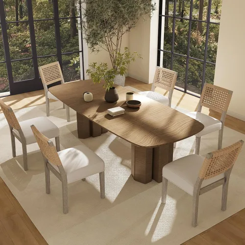 Miniatura 14 de Juego de 2 sillas de comedor de granja, sillas de comedor tapizadas con respaldo tejido a mano, asiento acolchado suave y patas de madera Beige