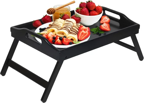 Miniatura 12 de Artmeer Mesa Bandeja de Cama con Patas Plegables, Bandeja de Desayuno de Bambú con Asas Ideal para Sofá, Cama, Comer, Trabajar, Usada Como
