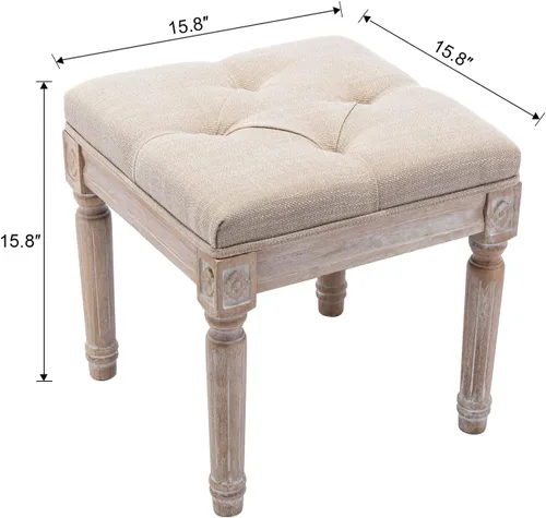 Miniatura 2 de Banco de entrada vintage francés de tela de lino, asiento otomano pequeño con patas de madera para piano/entrada, dormitorio, sala de estar, pasillo
