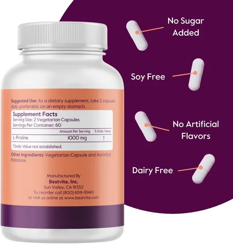 Miniatura 3 de BESTVITE L-Proline 500mg (120 cápsulas vegetarianas) - Sin estearatos - Sin rellenos - Vegano - Sin gluten - Sin OMG