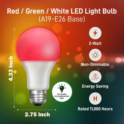Miniatura 3 de Bombilla LED automática que cambia de color – Ciclos automáticamente entre rojo/verde/blanco cada 5 segundos – A19, E26, 2 W, bombilla LED de porche