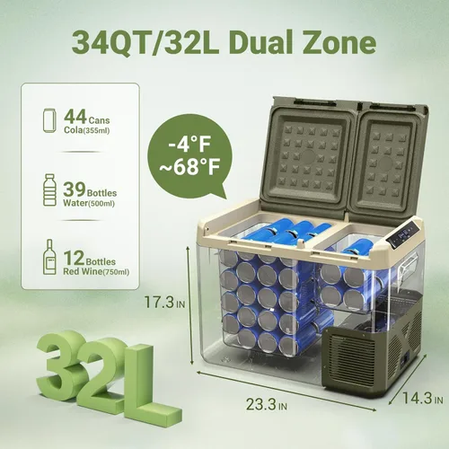 Miniatura 3 de BODEGACOOLER Refrigerador de Coche de 12 Voltios, Refrigerador de Coche de 34 Cuartos de Galón (32L) de Doble Zona, Congelador Portátil de 12V