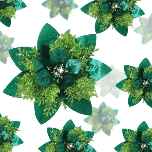 Miniatura 15 de 36 piezas de flores de Pascua artificiales con purpurina de Poinsettia para Navidad, flores de Poinsettia artificiales para bodas, decoraciones