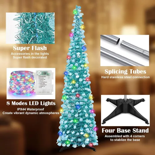 Miniatura 6 de MACTING Árbol de Navidad desplegable con 50 luces LED con temporizador, 5 pies, árbol de lápiz de oropel plegable de fácil montaje, árbol artificial
