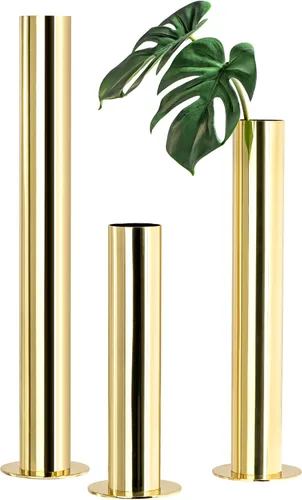 Torre & Tagus Juego de 3 jarrones cilíndricos de metal de acero inoxidable dorado, jarrones dorados de 10 a 18 pulgadas para decoración del hogar,
