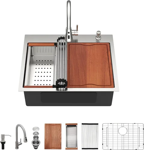 Miniatura 32 de Dcolora 33x22 Fregadero de cocina de acero inoxidable de 16 calibres, estación de trabajo de caída, fregadero de cuenco único grande, montaje