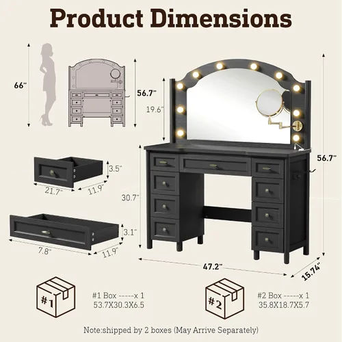 Miniatura 2 de STO'SENSE Escritorio de tocador con espejo y luces, mesa de tocador de maquillaje con 9 cajones, espejo de aumento y toma de corriente, tocador Negro
