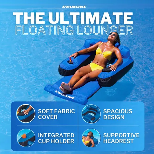 Miniatura 2 de Swimline ORIGINAL - Colchoneta cubierta de tela para piscina, balsa flotante definitiva para adultos y niños Respaldo, reposabrazos y reposapiés