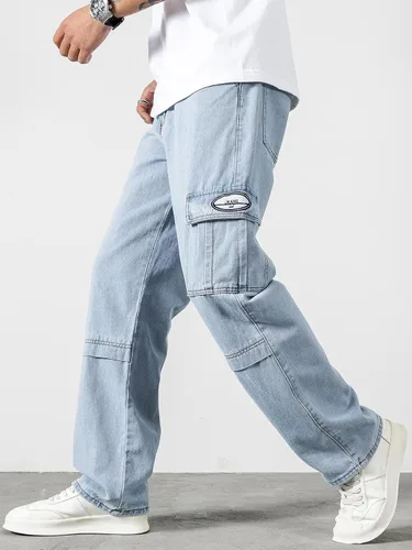 Miniatura 6 de Jeans para hombre con letras parcheadas con detalle de solapa, bolsillo lateral, jeans cargo para hombres