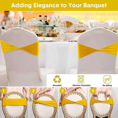 Miniatura 4 de Frienda 120 cintas elásticas de elastano para silla, bandas elásticas para fundas de silla, lazos sin hebilla para bodas, recepciones, eventos, Oro