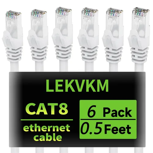 Miniatura 19 de Cable Ethernet Cat8 de 0.5 pies, paquete de 6 cables de red LAN blindados S/FTP, 40 Gbps 2000 MHz de alta velocidad, ideal para salas de servidores