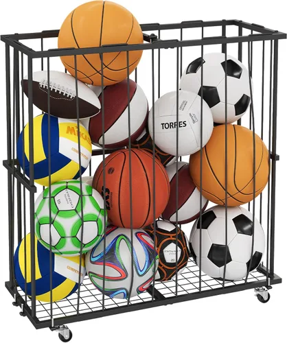 Miniatura 8 de Hencawima Gran almacenamiento de pelotas de garaje, organizador de equipos deportivos de piso rodante: estante de bolas independiente con cuerda