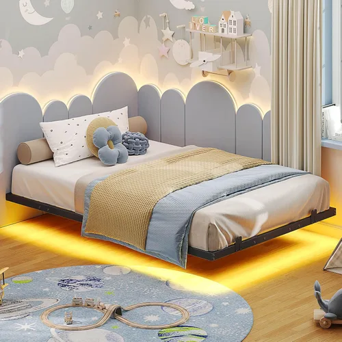 Hasuit Marco de cama flotante tamaño individual con luces LED, marcos de cama flotantes de metal para niños, no necesita somier, fácil de montar