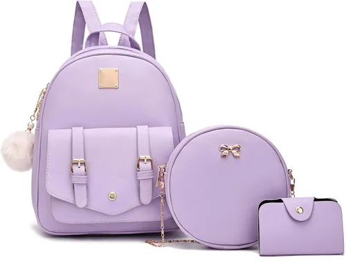 Fahsion - Juego de 3 piezas de mochila de cuero para mujer, mochila para mujer, bolsa de libros para adolescentes y niñas