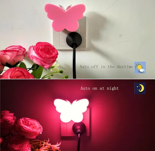 Miniatura 4 de 2 luces LED de mariposa para niños, lámpara de luz nocturna enchufable a la pared con sensor inteligente del atardecer al amanecer, idea para Rosa