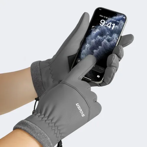 Miniatura 5 de Winter Thermal Cycling Gloves, Windproof Faux Leather with Adjustable Drawstring & Touchscreen Fingers, Non-Slip Grip for Cold Weather Biking, Black
