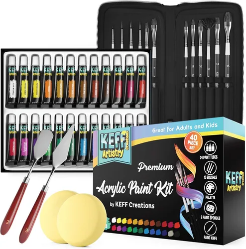 KEFF Creations - Juego de pinceles de pintura acrílica, kit de 15 pinceles de artista premium, juego de 24 pinturas acrílicas, kit de pinceles para