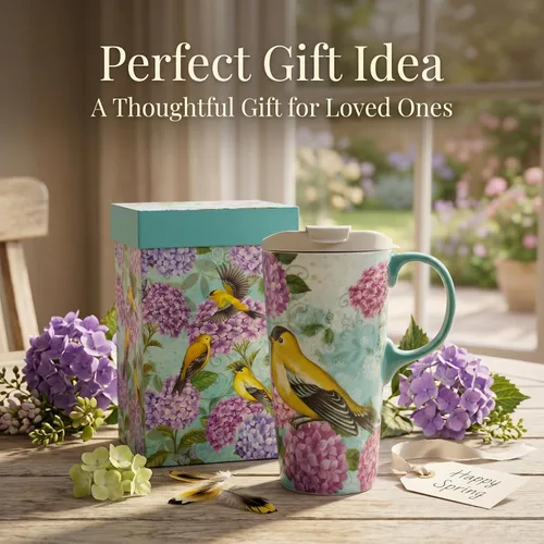 Miniatura 5 de Taza de viaje de cerámica de hortensia de jilguero de 17 onzas con tapa, taza de café floral de pájaro verde azulado con caja de regalo, taza de té