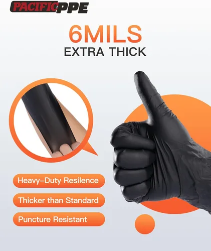 Miniatura 3 de PACIFIC PPE Guantes desechables de nitrilo negro resistentes de 6 mil, resistentes a productos químicos, seguros para alimentos, sin látex