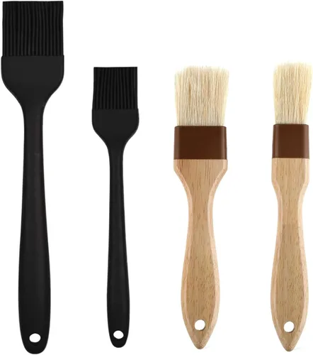 Paquete de 4 cepillos de pastelería para hornear, cepillo de silicona para untar con cerdas de jabalí y asas de madera de haya para cocinar, asar y