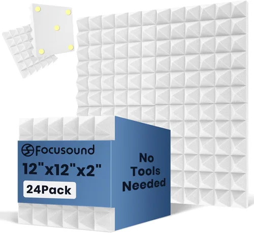 Miniatura 12 de Focusound Paneles acústicos, paquete de 24 unidades de 2 x 12 x 12 pulgadas con 120 adhesivos de doble cara, espuma piramidal a prueba de sonido