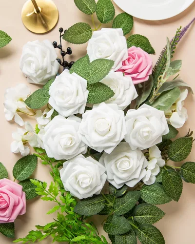 Miniatura 5 de DuHouse 25 rosas artificiales con tallos, flores de espuma de tacto real para bricolaje, ramo de boda, centro de mesa, arreglo floral, fiesta, Blanco