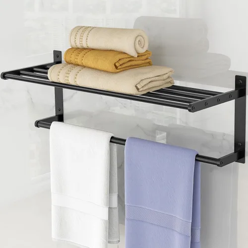Miniatura 9 de Estante de baño con toallero, toalleros de metal de 16 pulgadas para montaje en pared de baño, toallero a prueba de óxido con estante soporte