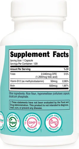 Miniatura 5 de Nutricost Ácido fólico para mujeres (vitamina B9) 1200 mcg, 120 cápsulas, con B12 y biotina, cápsulas vegetales, sin OMG y sin gluten