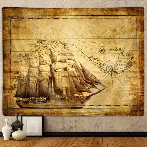 Tapiz de mapa antiguo, vintage náutico pirata tesoro mapa del mundo, tapices artísticos para colgar en la pared para hombres, dormitorio, Mapa-2