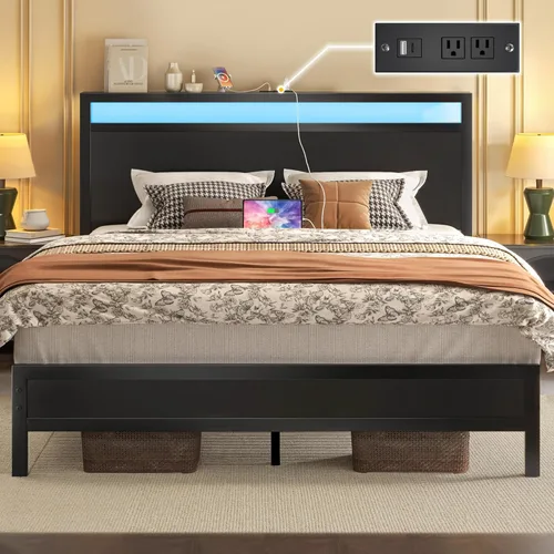 Fluest Base de cama Queen con cabecero y estribo, marco de cama con estación de carga integrada y luz LED, estante de almacenamiento, sin ruido, no