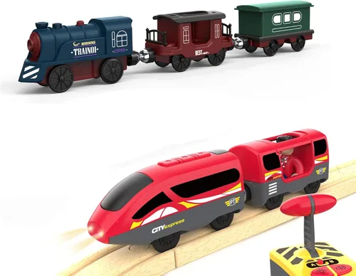 Juego de juguetes de tren motorizado y tren de control remoto para pistas de madera, trenes a pilas para niños, compatible con Thomas, Brio, Melissa