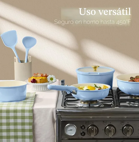 Miniatura 7 de CAROTE Juego de utensilios de cocina de cerámica de 15 piezas, juego de ollas y sartenes antiadherentes, juego de cocina de cocina con mango Azul