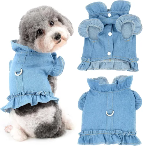 Arnés para perro pequeño, vestido para niña, chaleco para mascotas, camisa de mezclilla para cachorro, gato, traje de verano con volantes, azul claro