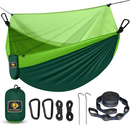 Miniatura 22 de Hamaca de camping con red, hamaca doble portátil ligera con correas para árbol y mosquetones sólidos en forma de D, hamaca de nailon de paracaídas