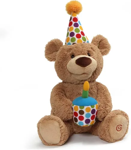 GUND Oso de peluche Oso de cumpleaños con animación Oso de peluche de felpa, canta y brilla en la oscuridad, marrón, 10"