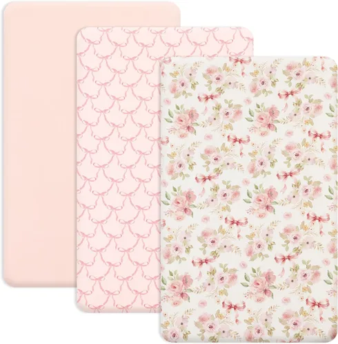Miniatura 9 de PHF 3 paquetes de sábanas de cuna suaves, sábanas bajeras florales rosa transpirables y cómodas para niñas, ajuste universal sin deslizamiento