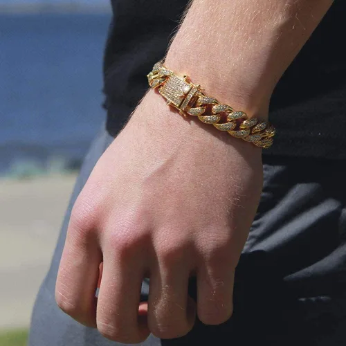 Miniatura 4 de Apzzic Pulsera de eslabones cubanos de Miami, chapada en oro, hip hop, con circonita cúbica, con caja de regalo para hombres y mujeres