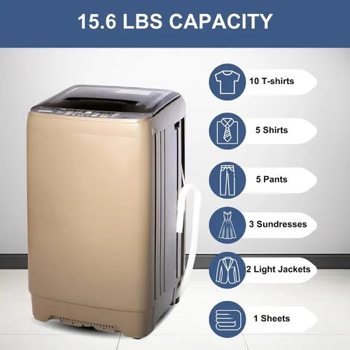Miniatura 4 de Lavadora automática de 15.6 libras con 10 programas, pantalla LED, 8 niveles de agua, lavadora compacta de alta eficiencia para apartamento, RV