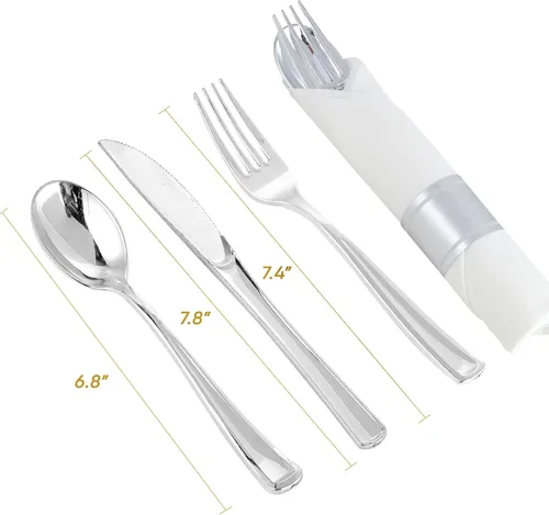 Miniatura 2 de Paquete de 30 cubiertos de plástico plateado preenrollados, juego de cubiertos desechables, 30 tenedores, 30 cucharas, 30 cuchillos, 30 servilletas