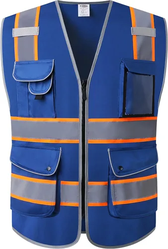 Miniatura 18 de JKSafety Chaleco de seguridad frontal con cremallera de alta visibilidad de 9 bolsillos de color dual MESH Lite Tira reflectante con ribete