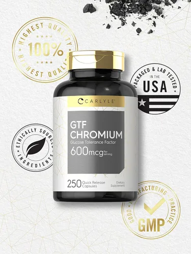 Miniatura 6 de Carlyle Suplemento de cromo GTF 600 mcg 250 cápsulas Factor de tolerancia a la glucosa Fórmula sin OMG y sin gluten