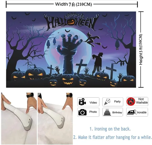 Miniatura 2 de Telón de fondo de Halloween de 7 x 5 pies, pancarta de fondo de noche de terror para fiesta de Halloween, calabaza, luna, rama de árbol seco