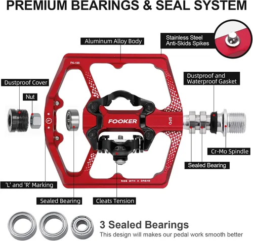 Miniatura 4 de FOOKER Pedales de bicicleta de montaña MTB, doble función plana y pedal, 3 rodamientos sellados plataforma plana compatible con pedal sin clip Rojo