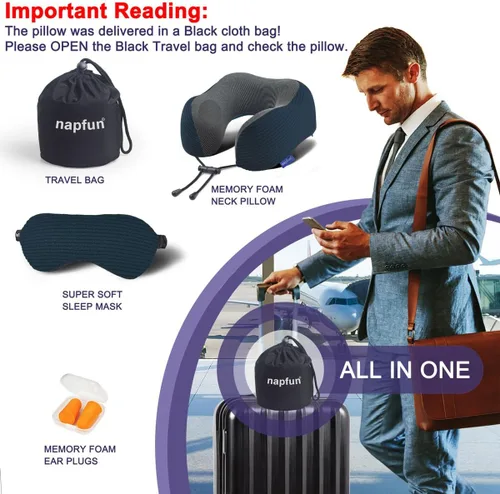 Miniatura 6 de napfun Almohada cervical para viajar, almohada cervical de viaje mejorada para avión, almohada de viaje de espuma viscoelástica 100% pura para Kit